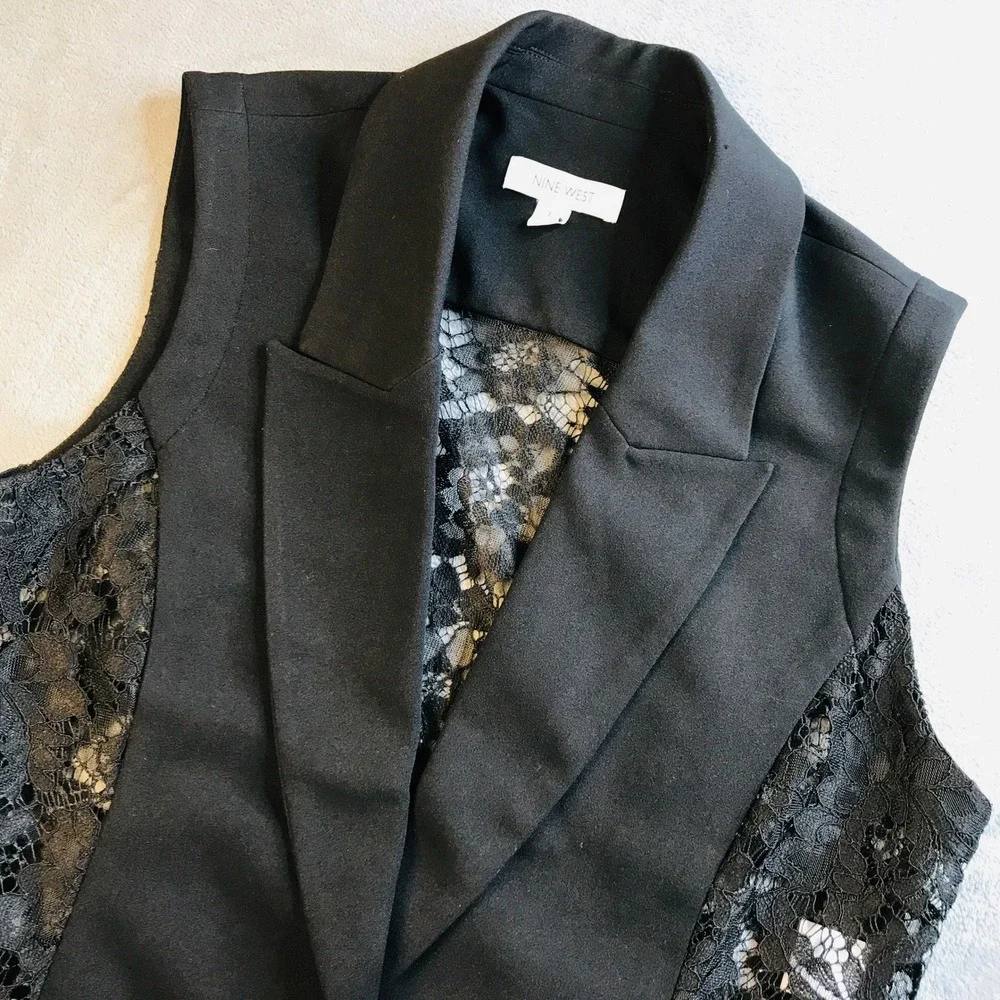 Nine West Womens Black Lace Back Sleeveless Blazer Vest Gold Button Size Large - Picture 3 of 16